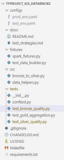 Screenshot of the tfproject_igs_databricks repo folder structure in VS Code showing tests, src, fixtures, and docs directories