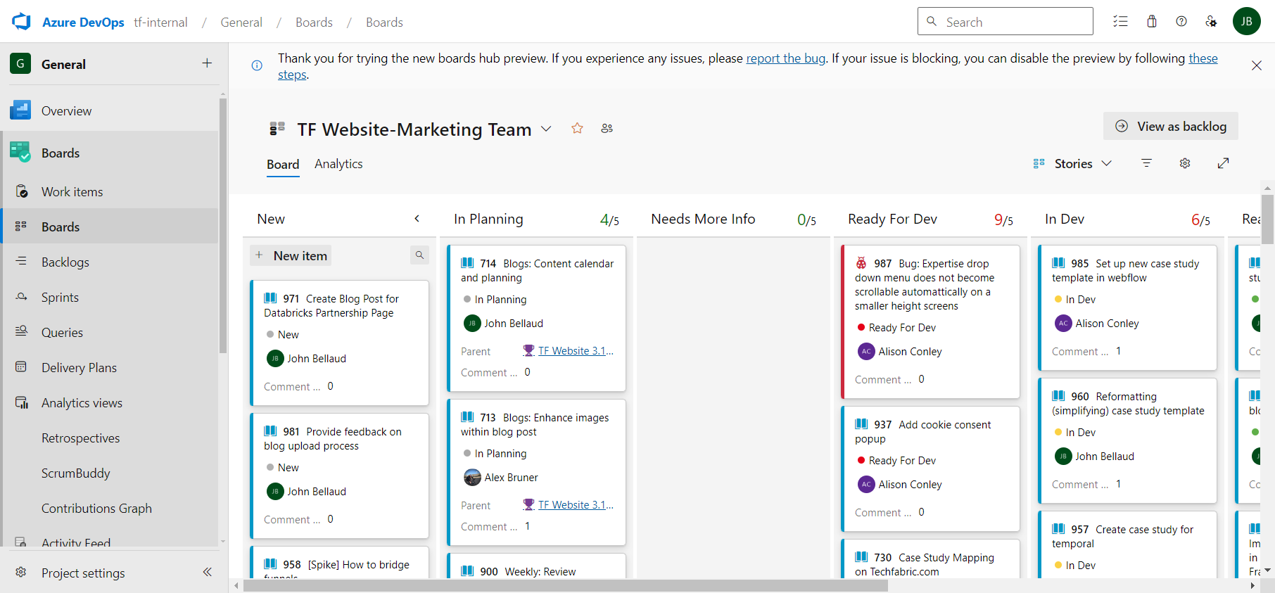 TechFabric Screenshot Example Scrum Board
