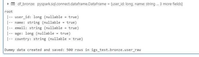 Databricks notebook cell showing the bronze DataFrame schema and confirmation that dummy test data was created